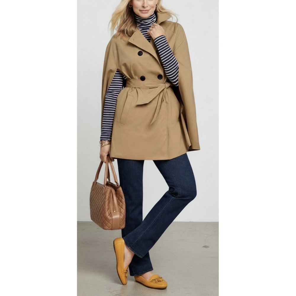 J Crew Trench Cape Coat L XL Tan Khaki Double Breasted Coquette Preppy Luxury
